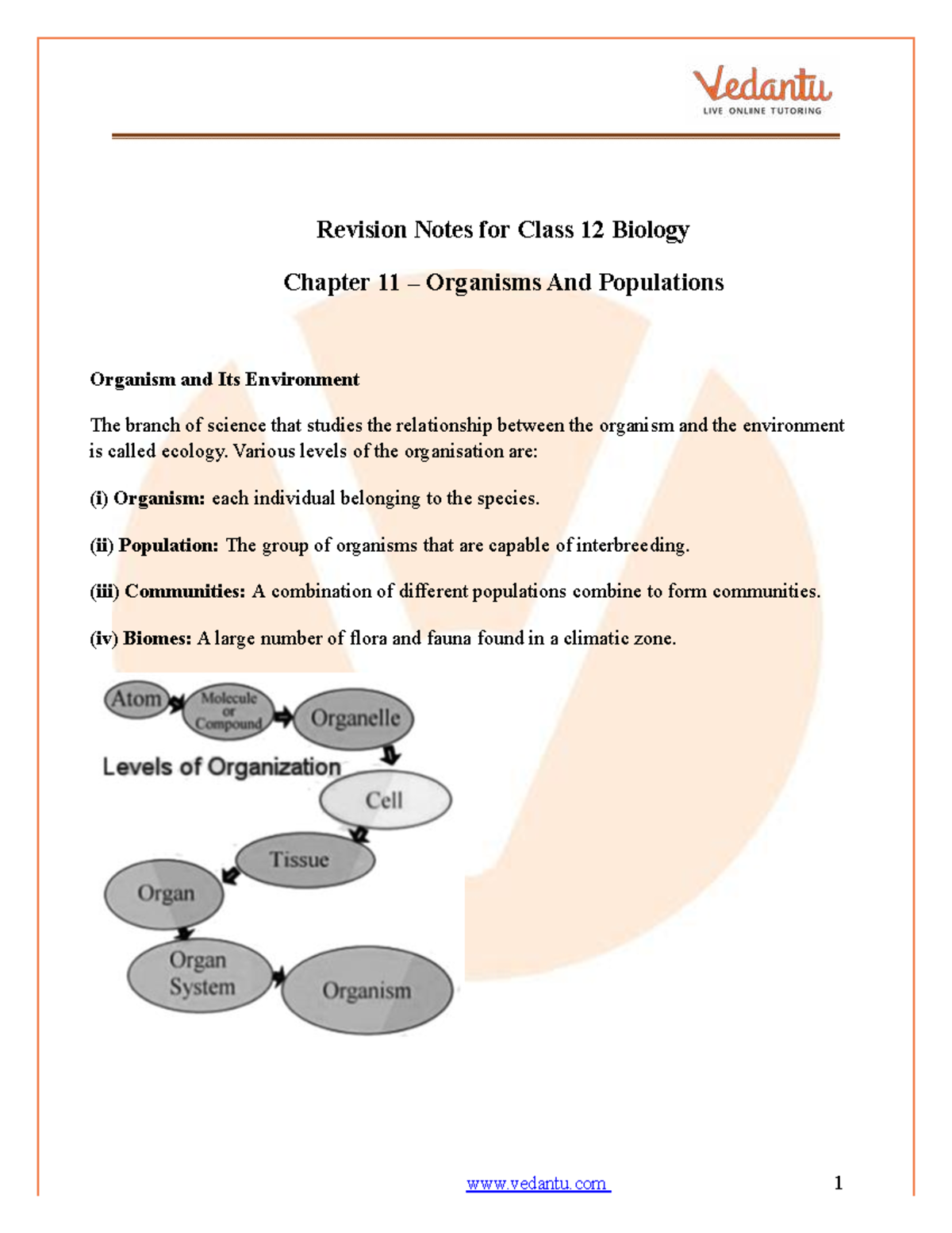CBSE Class 12 Biology Revision Notes: Chapter 11 - Organisms ...