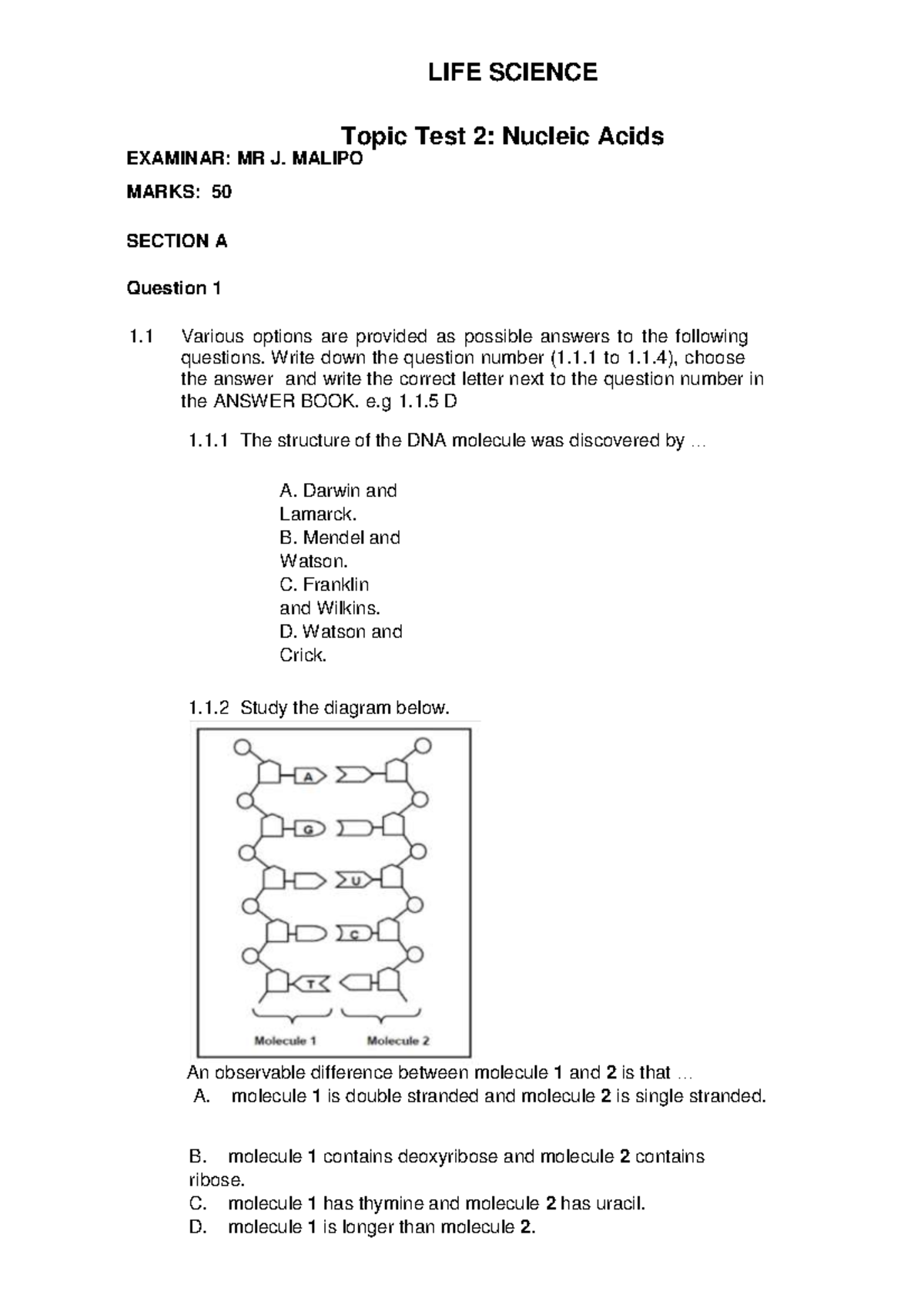 Topic test 2 nucleic acids - LIFE SCIENCE Topic Test 2 : Nucleic Acids ...