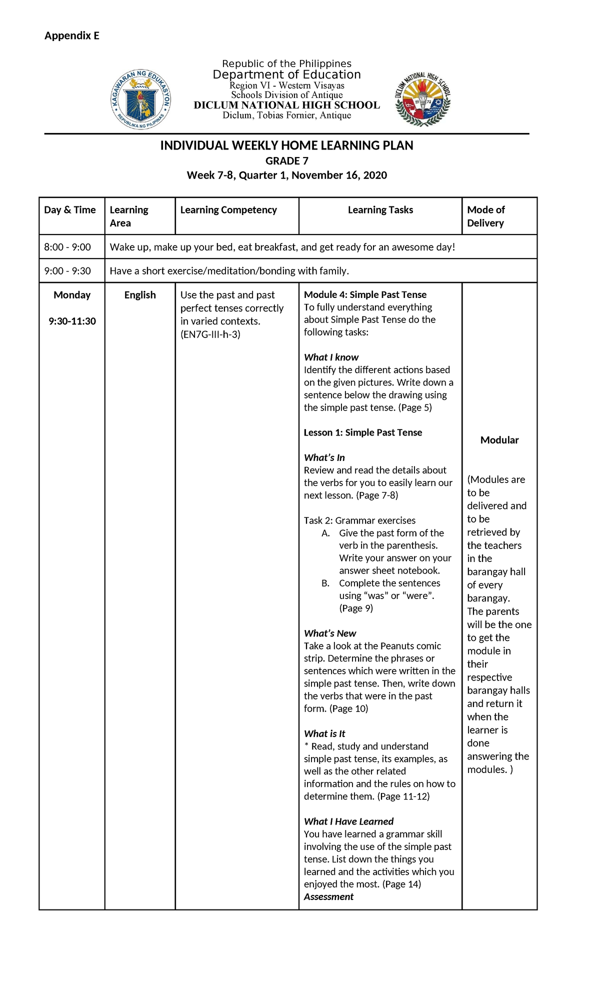 English 7 Weekly Home Learning Plan for Weeks 7-8 (2020-2021) - Studocu