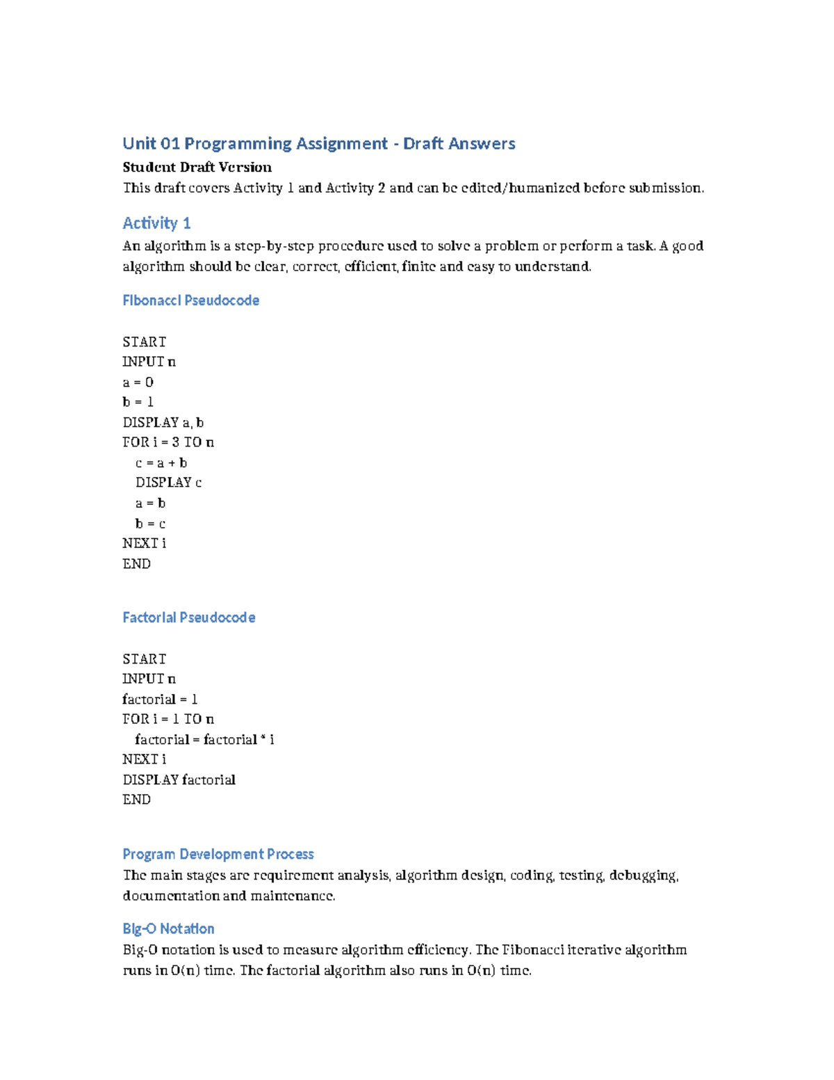 Unit 01 Programming Assignment Draft Answers: Activities 1 & 2 - Studocu