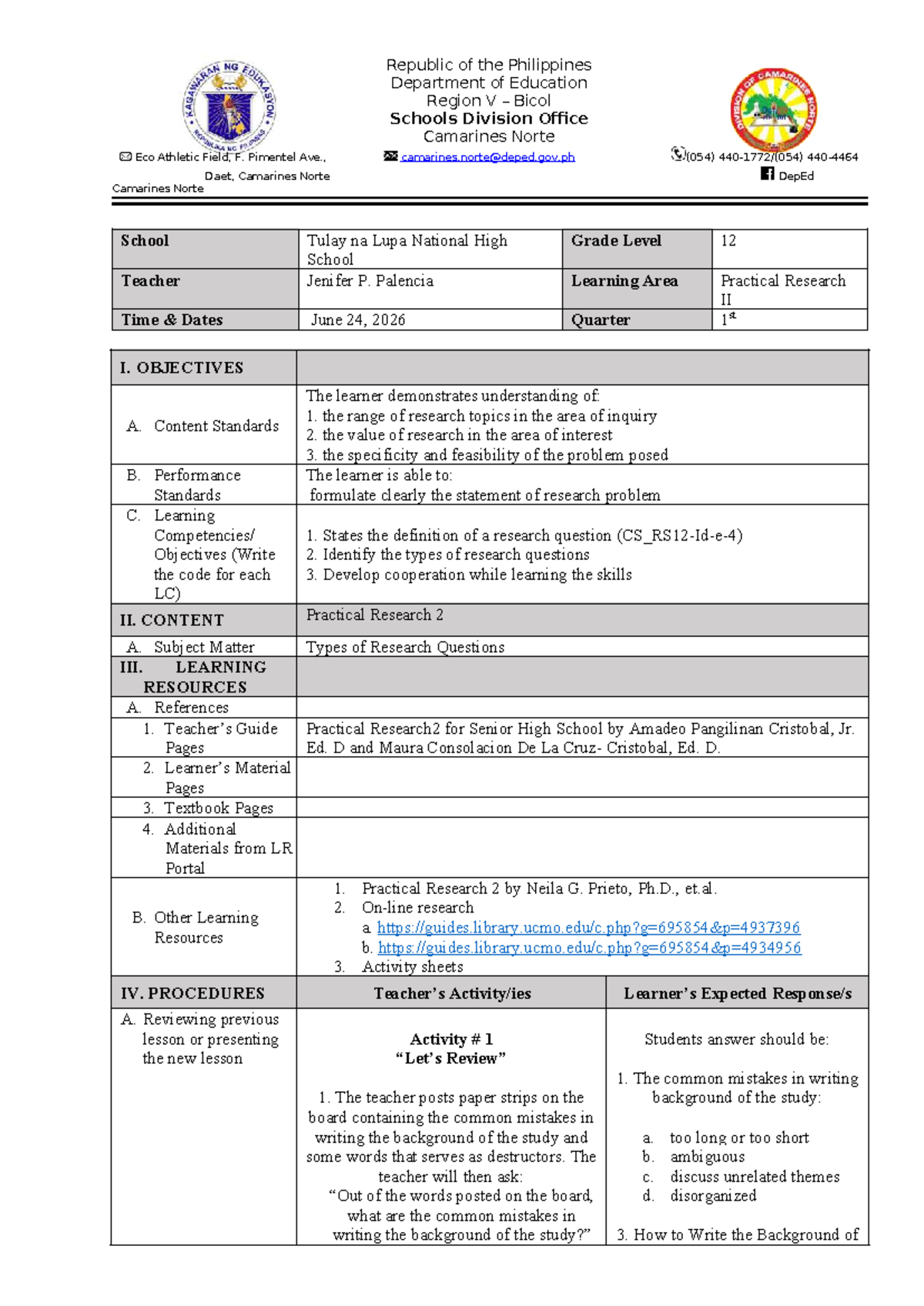 Day 7 - Practical Research II (PR2) Lesson Plan and Activities - Studocu