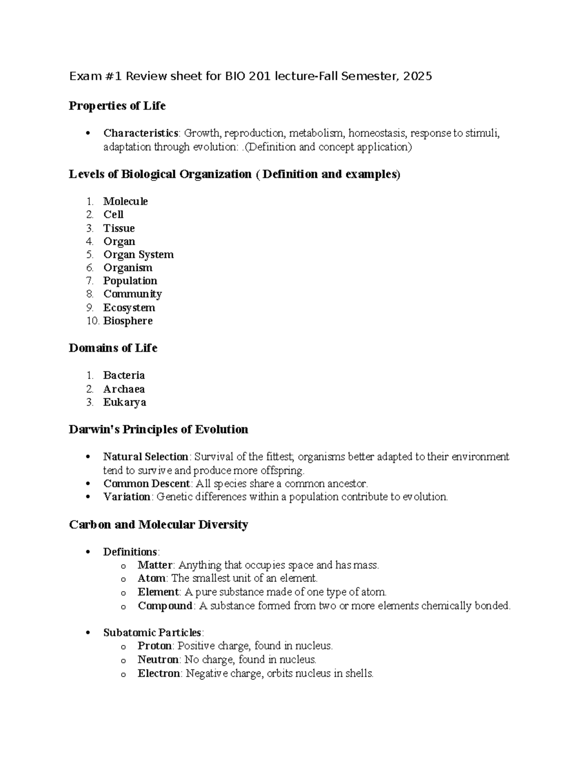 Exam #1 Review Sheet for BIO 201 - Properties of Life & Evolution - Studocu