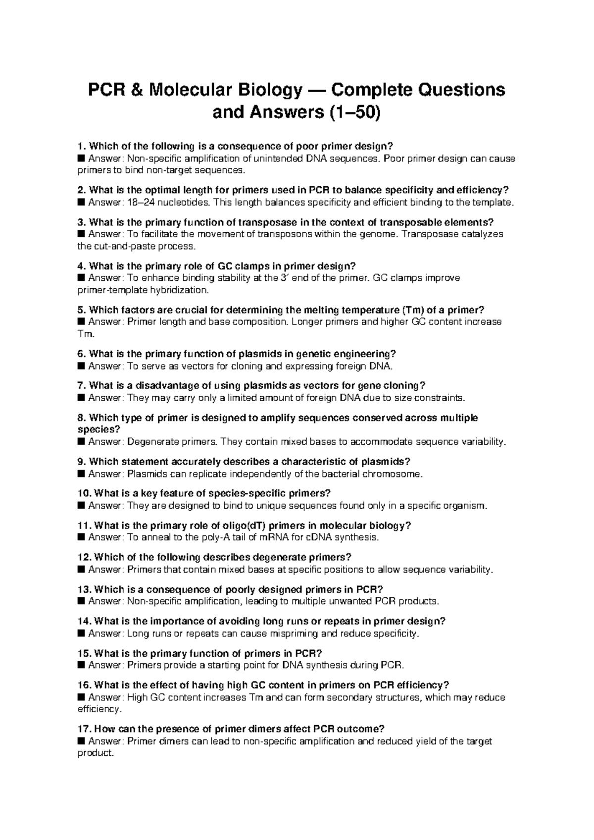 PCR Molecular Biology QA Study Guide: Key Concepts & Questions - Studocu