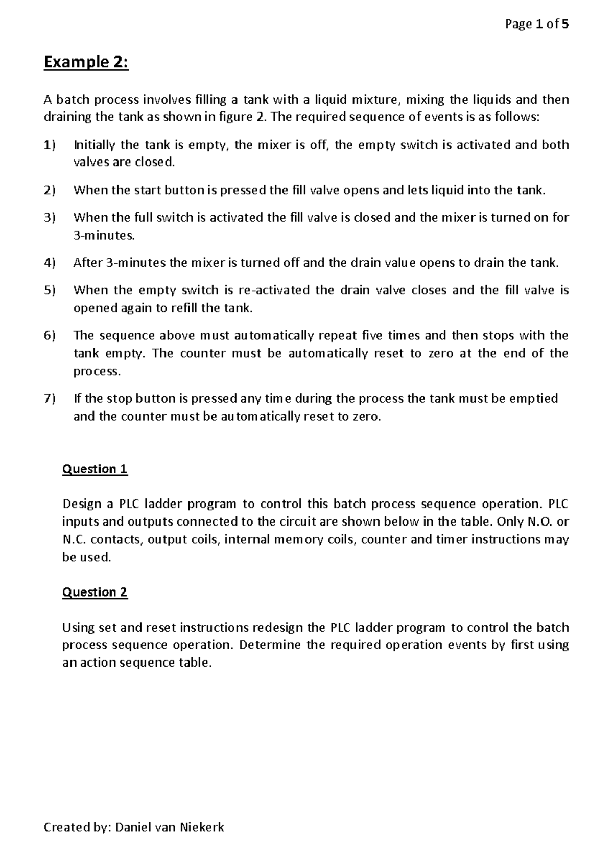 D PLC Example 2 - Lecture Notes on Batch Process Control - Studocu