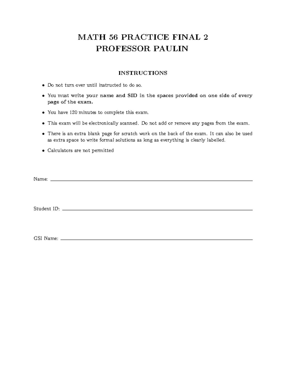MATH 56 Practice Final Exam 2 (2025) - Professor Paulin - Studocu