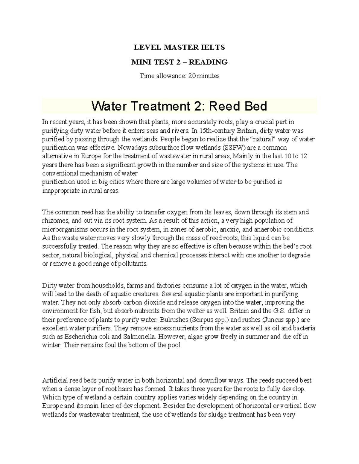 LEVEL MASTER IELTS MINI TEST 2 READING: Water Treatment Systems - Studocu