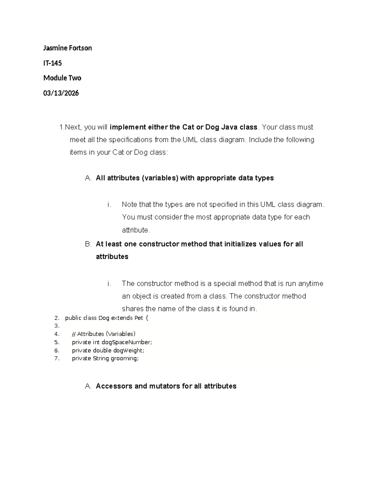 IT-145 Module Two: Java Class Implementation for Cat or Dog - Studocu