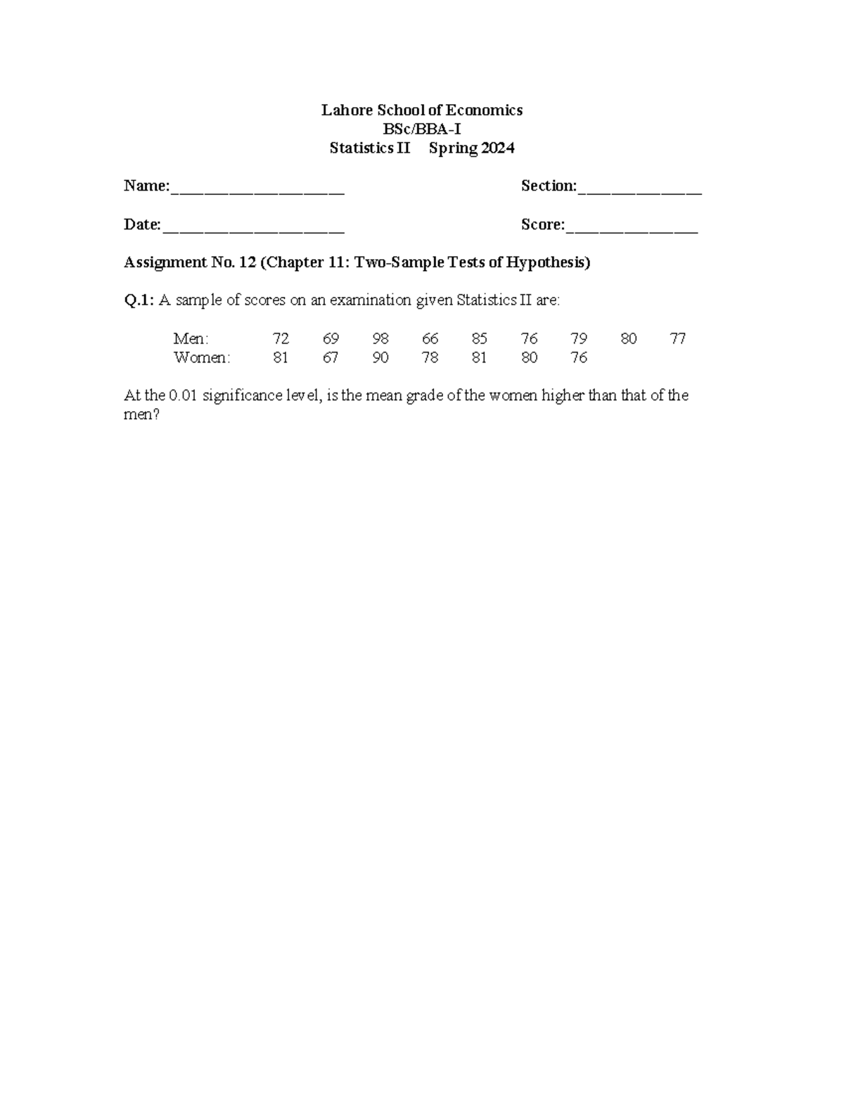 Statistics II Spring 2024 assignment 12: Tests of hypothesis analysis ...