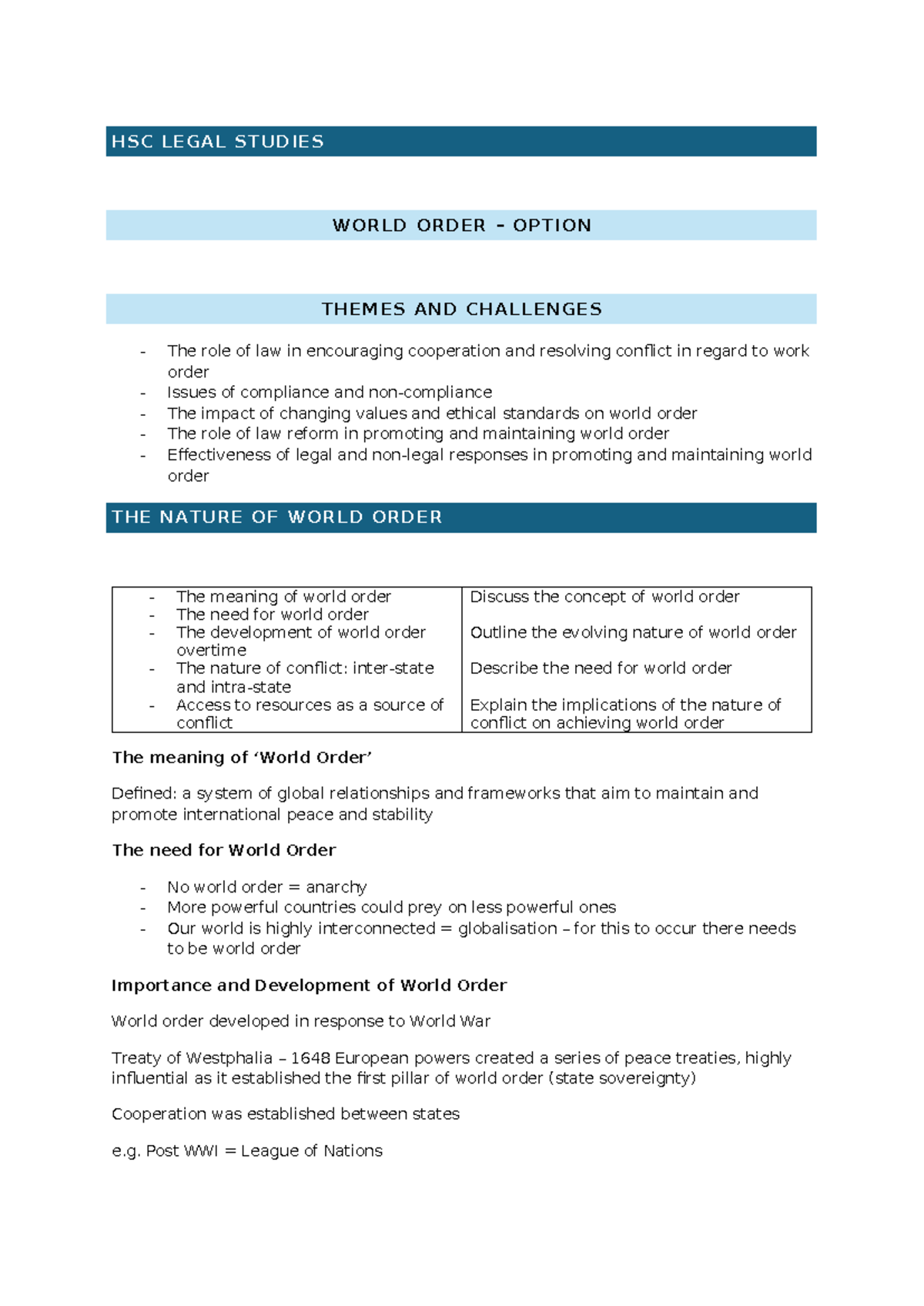 HSC LEGAL STUDIES WORLD ORDER OPTION: THEMES & CHALLENGES - Studocu