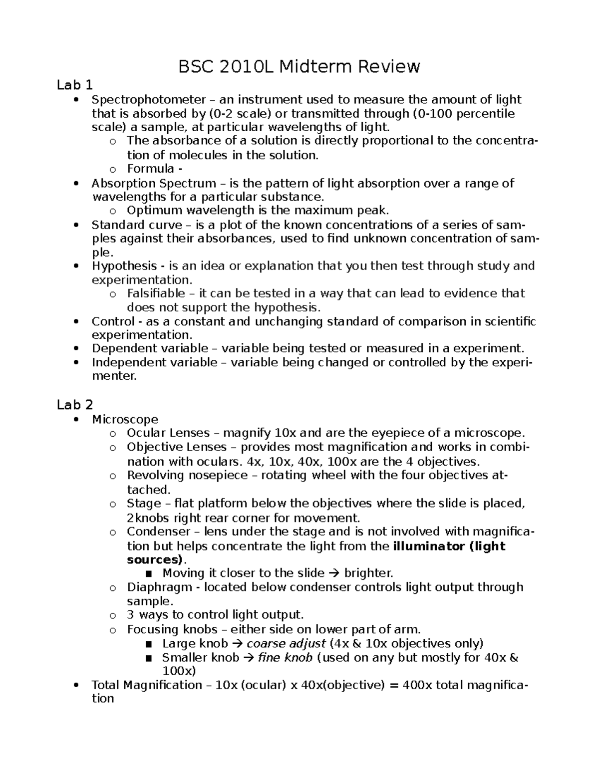 BSC 2010L Midterm Review: Key Concepts in Biology Labs - Studocu