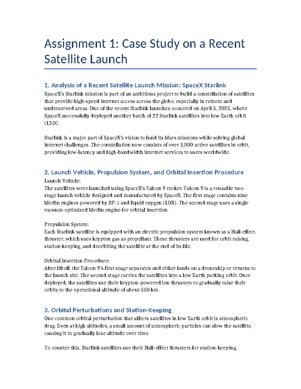 Assignment 1: Case Study on SpaceX Starlink Satellite Launch - Studocu