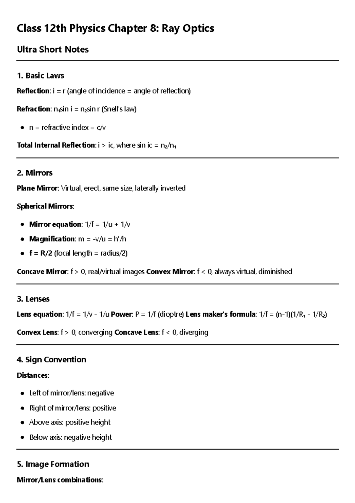 Class 12th Physics Chapter 8: Ray Optics Ultra Short Notes - Studocu