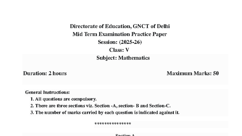 Class 5 Math Model Paper - Mid Term Exam Practice - Studocu