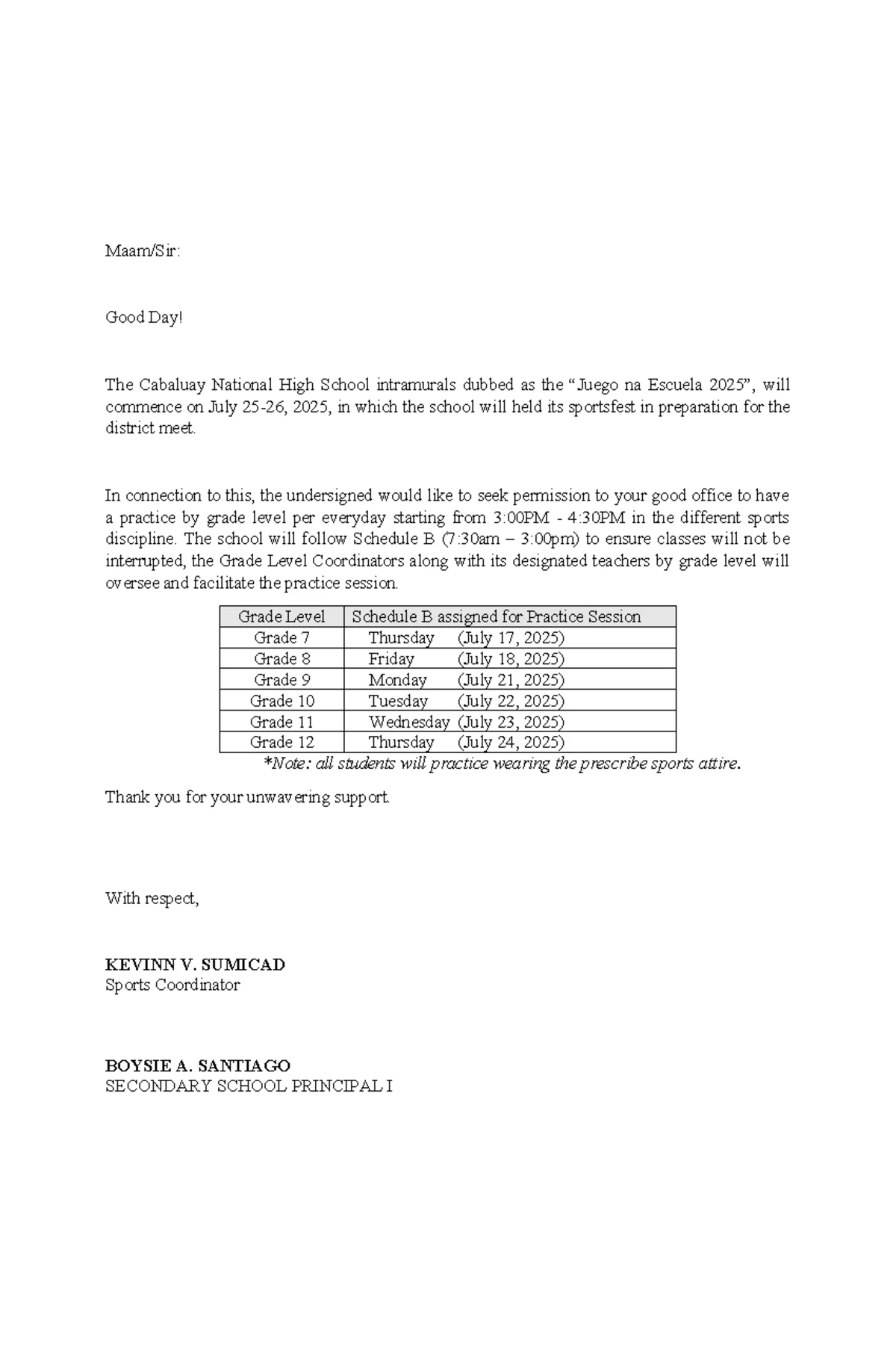 Letter for Practice Sessions: Juego na Escuela 2025 - Studocu
