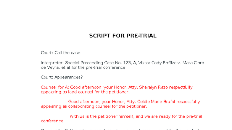 Pretrial Script: Special Proceeding Case No. 123, A - Studocu