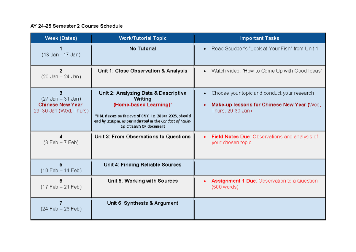CC0001 Sem 2 Schedule (AY2024-25) Student Version - AY 24-25 Semester 2 ...