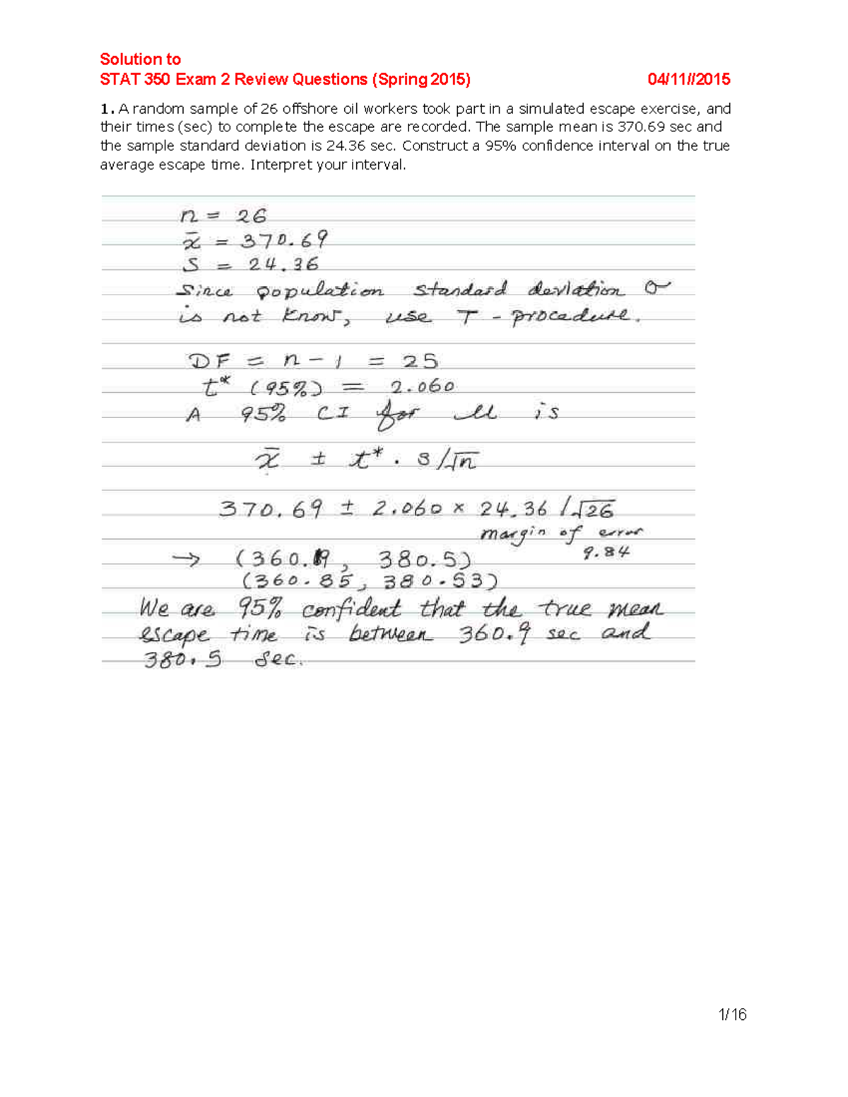 Solution to STAT 350 Exam 2 Review Questions - Key Insights for Spring ...