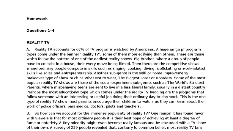 U7. Homework Questions: The Impact and Illusions of Reality TV - Studocu