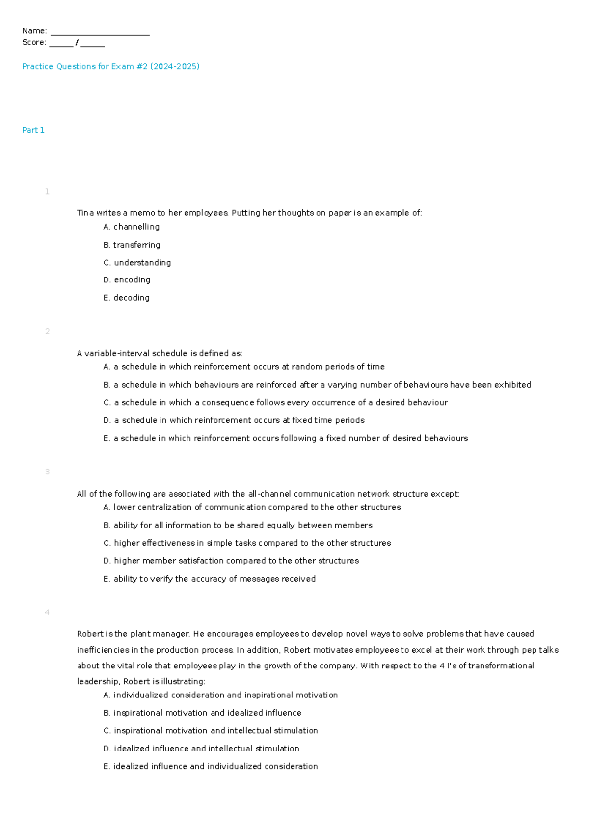 Practice Questions for Final Exam #2 - Management 101 - Studocu