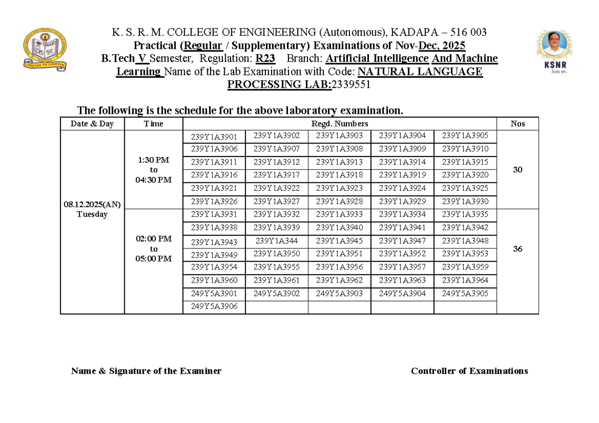 NLP Lab Exam Schedule for B.Tech AI & ML (R23) - 2025 - Studocu