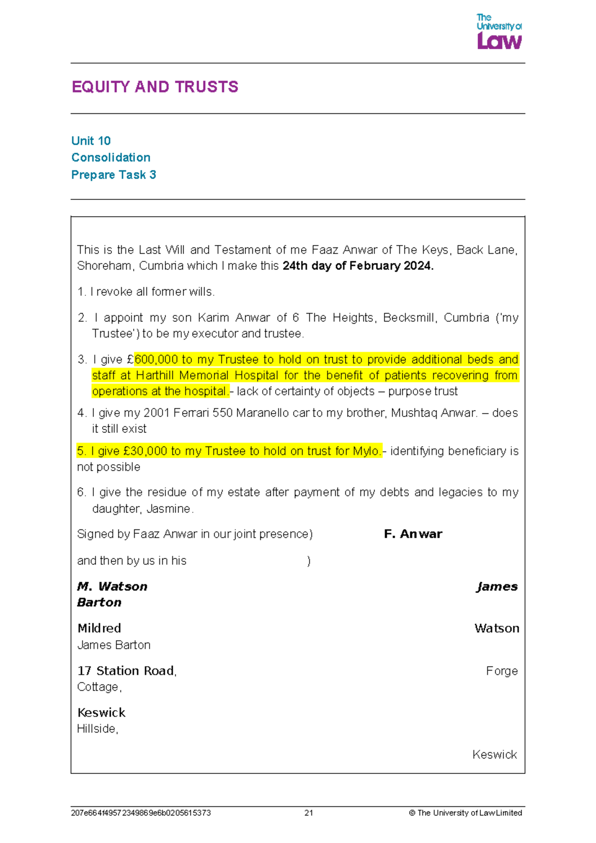 2425 eqtr u10 ce01 prepare task03 will - EQUITY AND TRUSTS Unit 10 ...