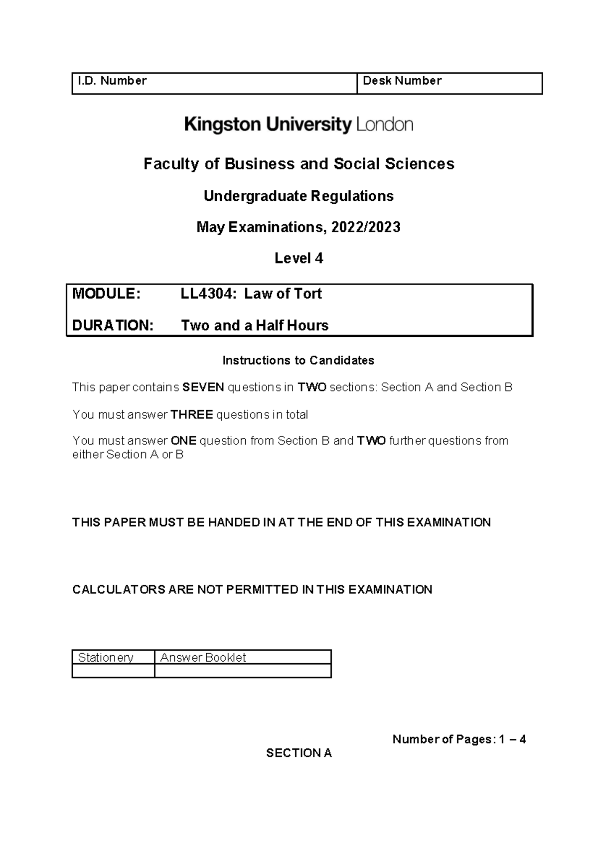 LL4304 Law of Tort - May Exam Paper with Instructions and Questions ...