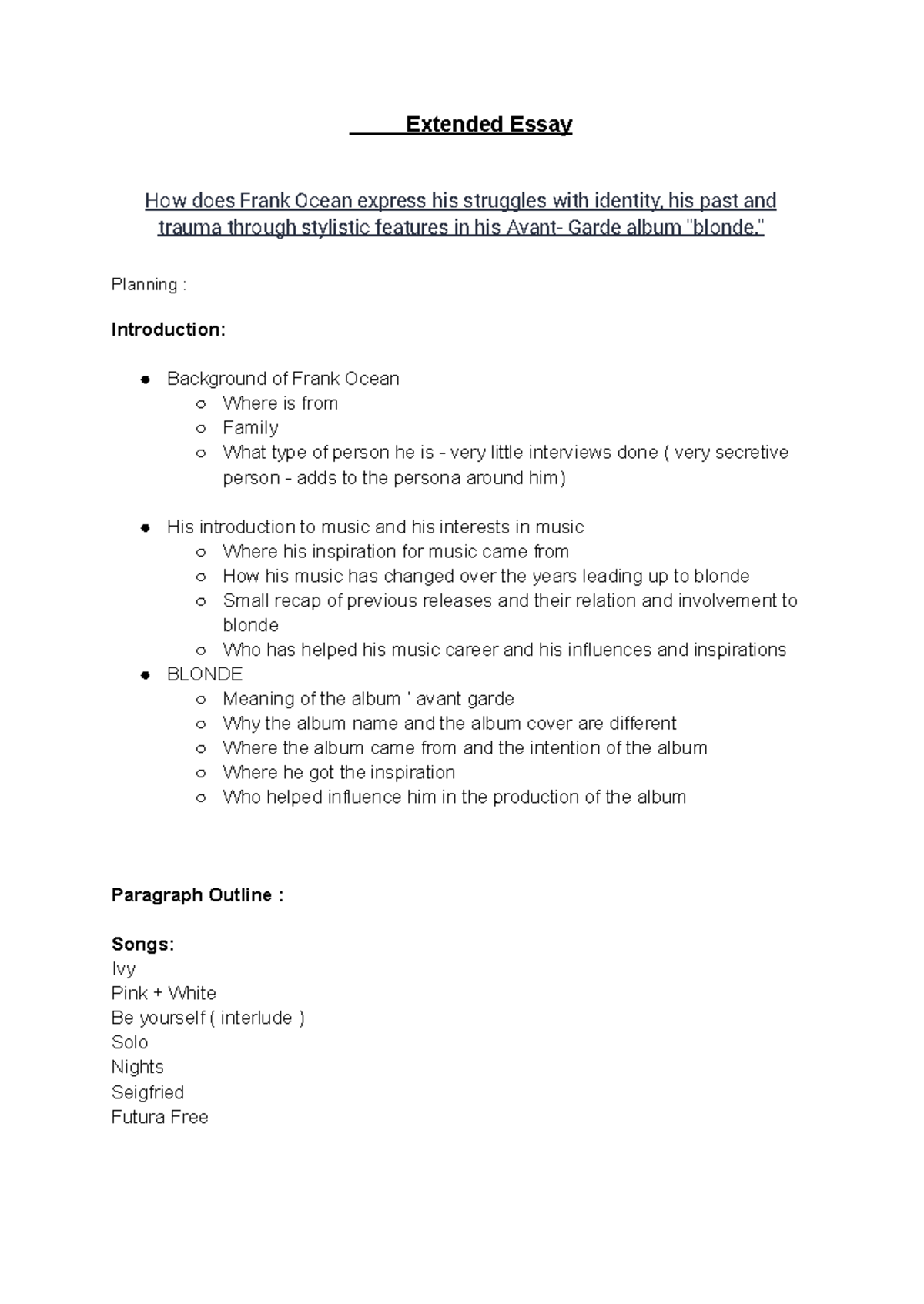 EE - Extended Essay Planning on Frank Ocean's 