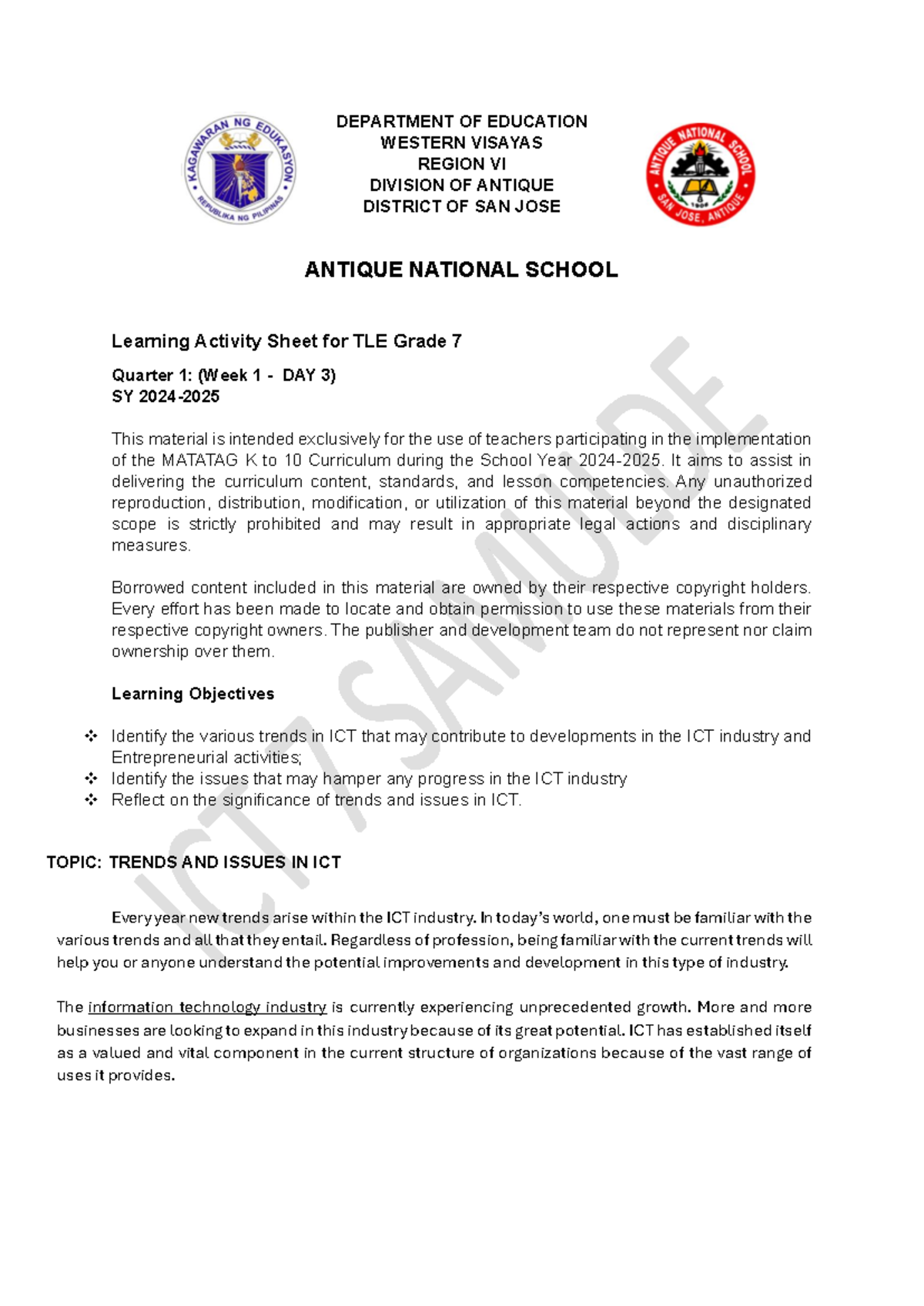 ICT 7 LAS W1D3 - Trends and Issues in ICT for Grade 7 - Studocu