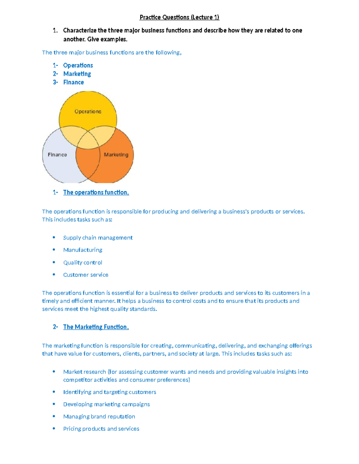 Operation Lecture # 1: Key Business Functions and Practice Questions ...