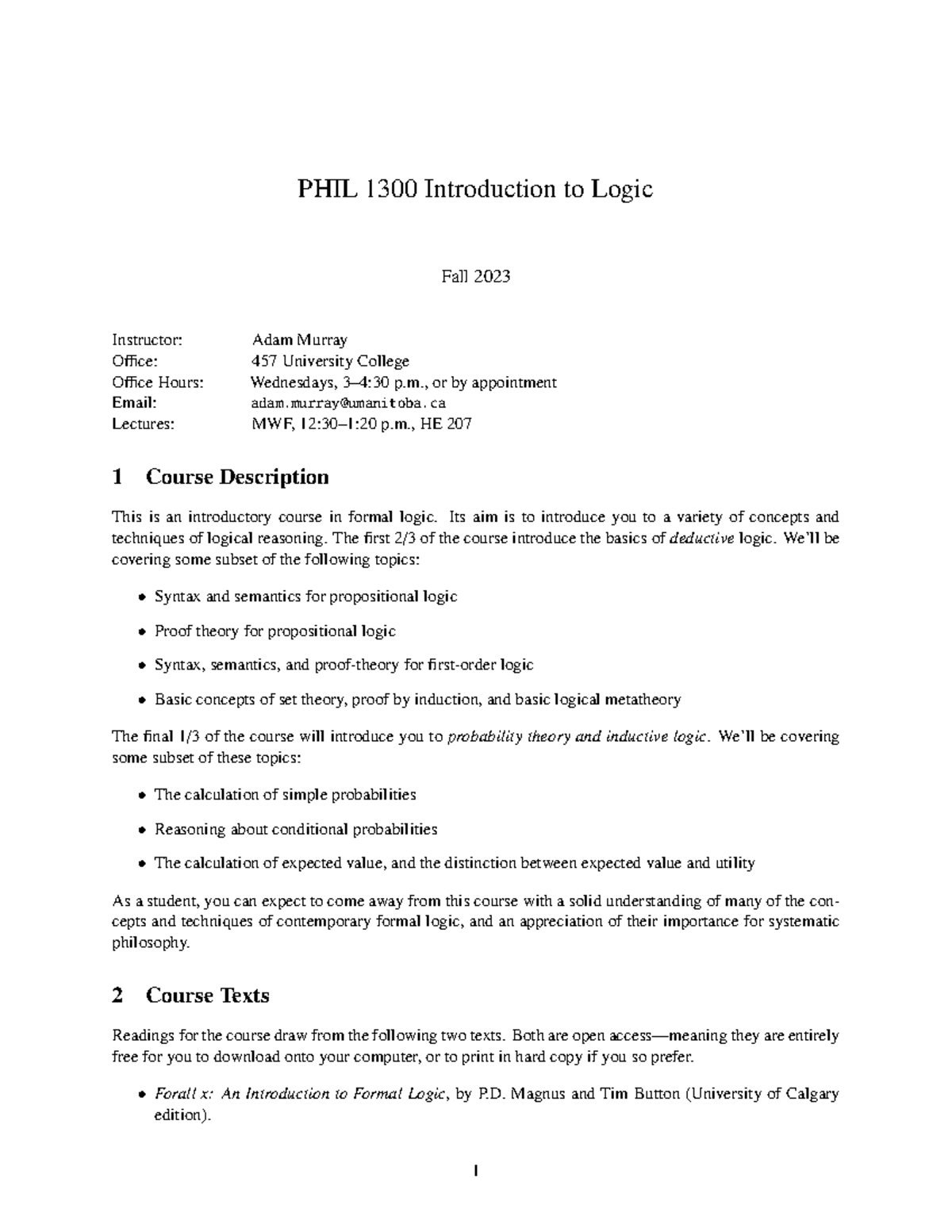 PHIL 1300 - Introduction to Logic Syllabus Fall 2023 - Studocu