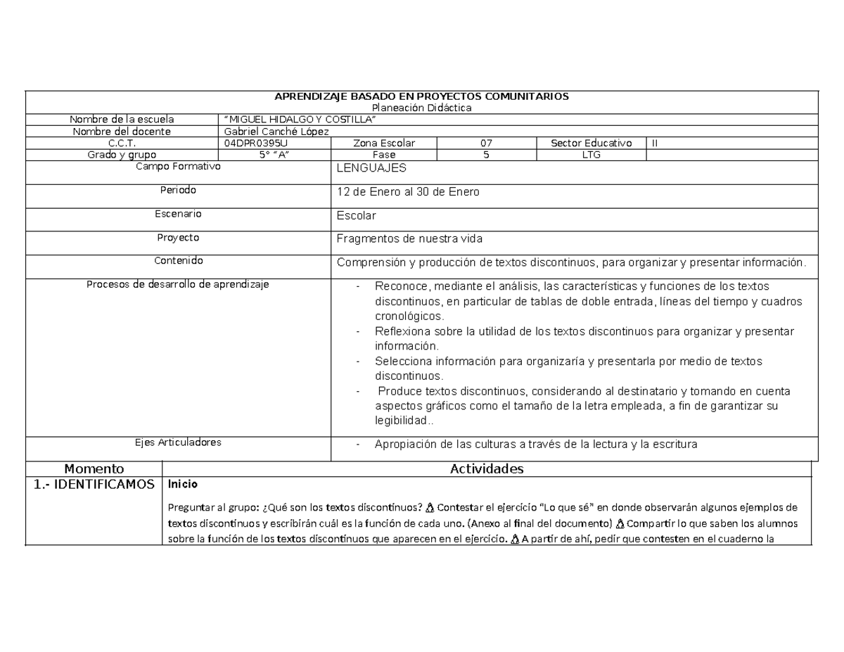 Planeación Didáctica: Proyectos Comunitarios en Lenguajes (C.C.T ...