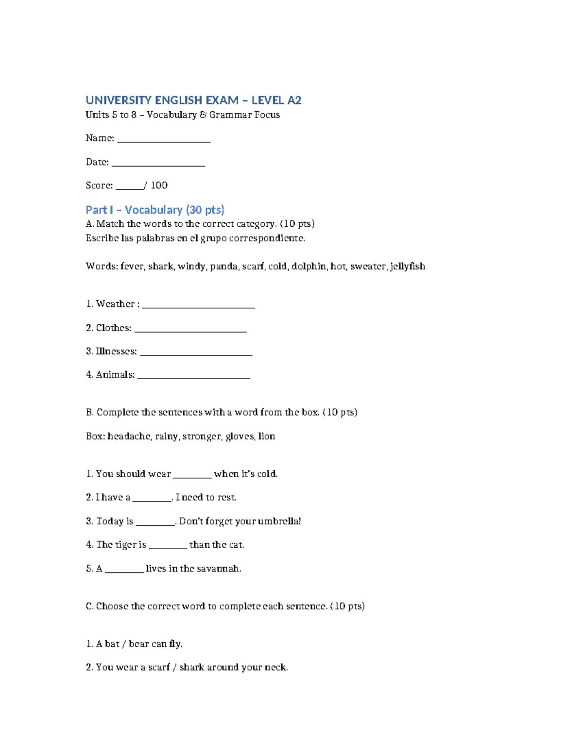 English Exam A2 - Units 5 to 8 Vocabulary & Grammar Practice - Studocu