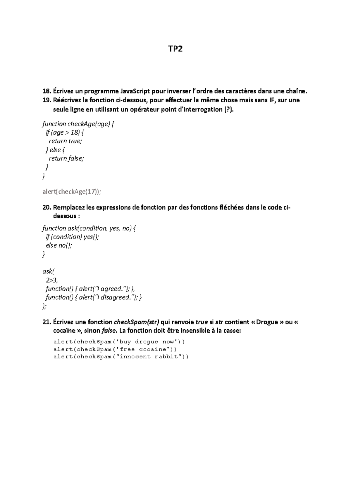 TP2 - exercice - TP Écrivez un programme JavaScript pour inverser l ...