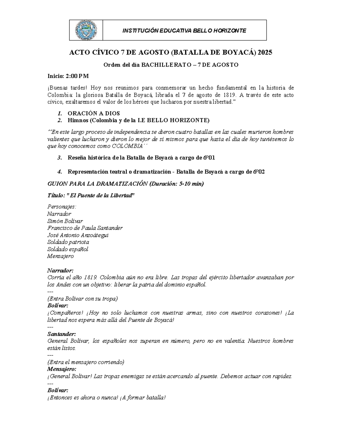 ACTO CÍVICO 7 DE AGOSTO - BATALLA DE BOYACÁ 2025 I.E. BELLO HORIZONTE - Document Preview
