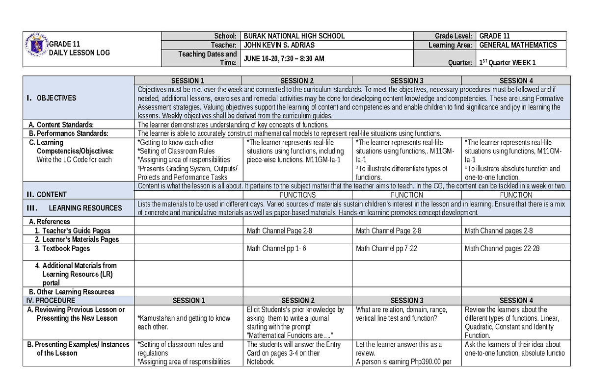 GRADE 11 GENERAL MATH DAILY LESSON LOG - 1ST QUARTER WEEK 1 - Studocu