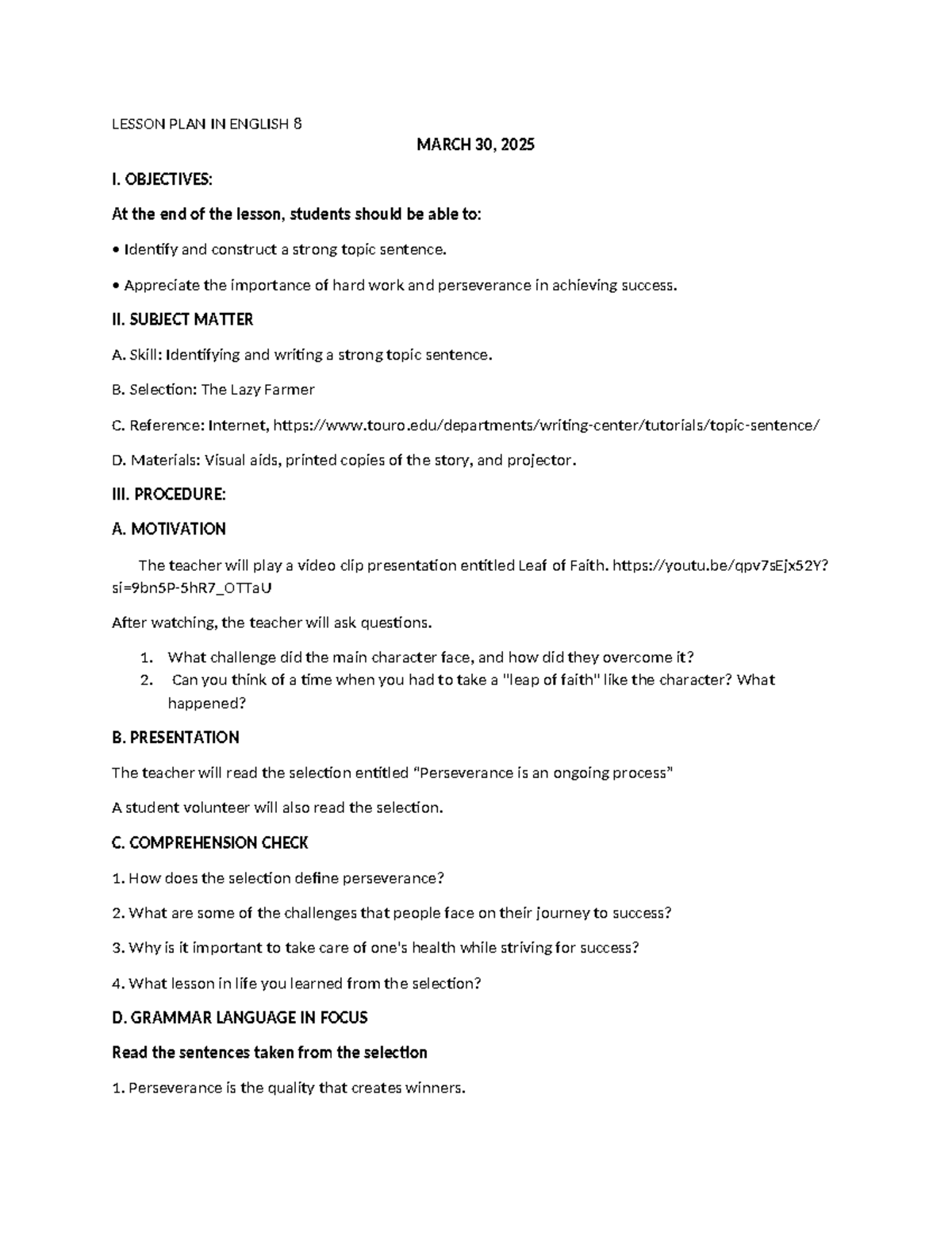 Lesson Plan: Strong Topic Sentences for English 8 (Mar 30, 2025) - Studocu