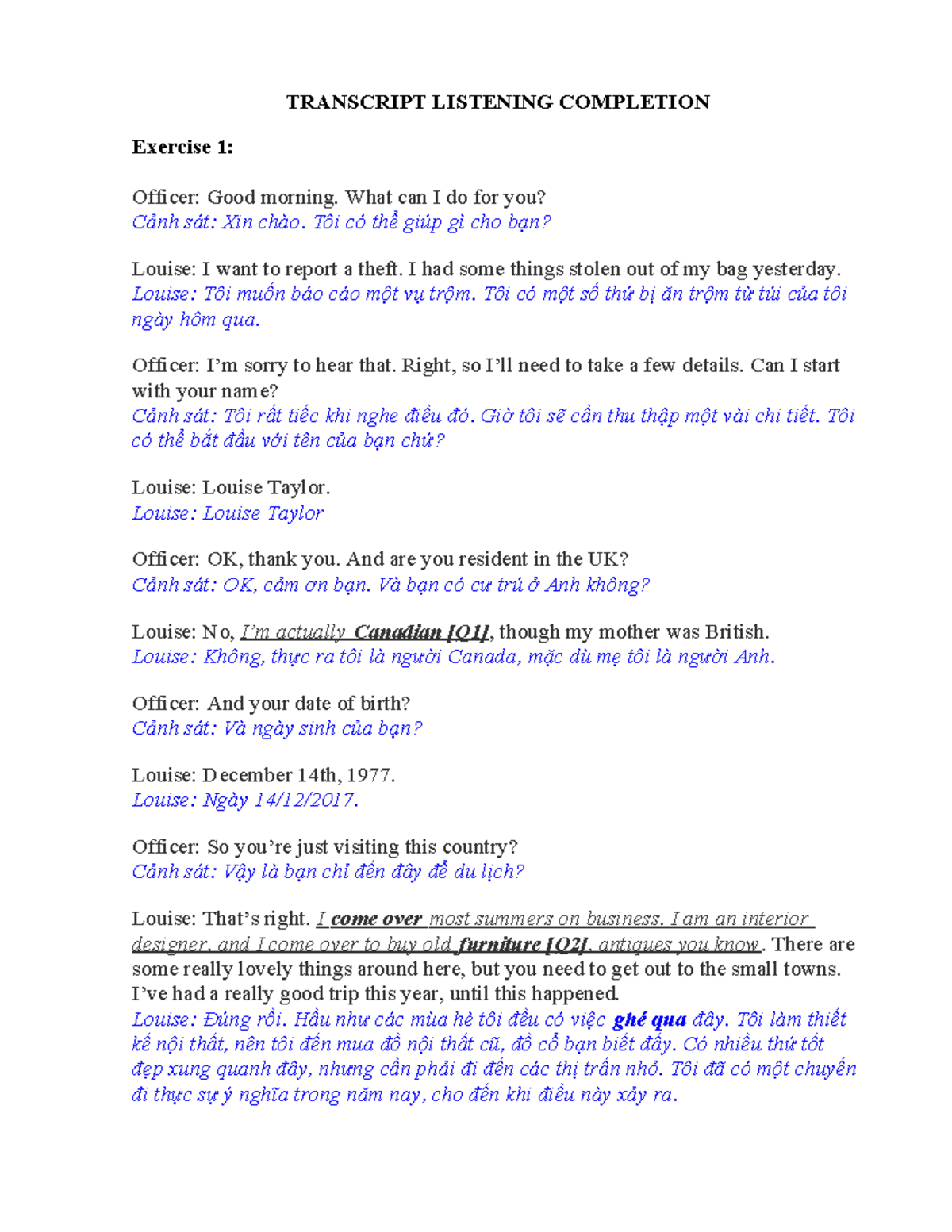 Transcript Listening Completion Exercises and Answers - Studocu
