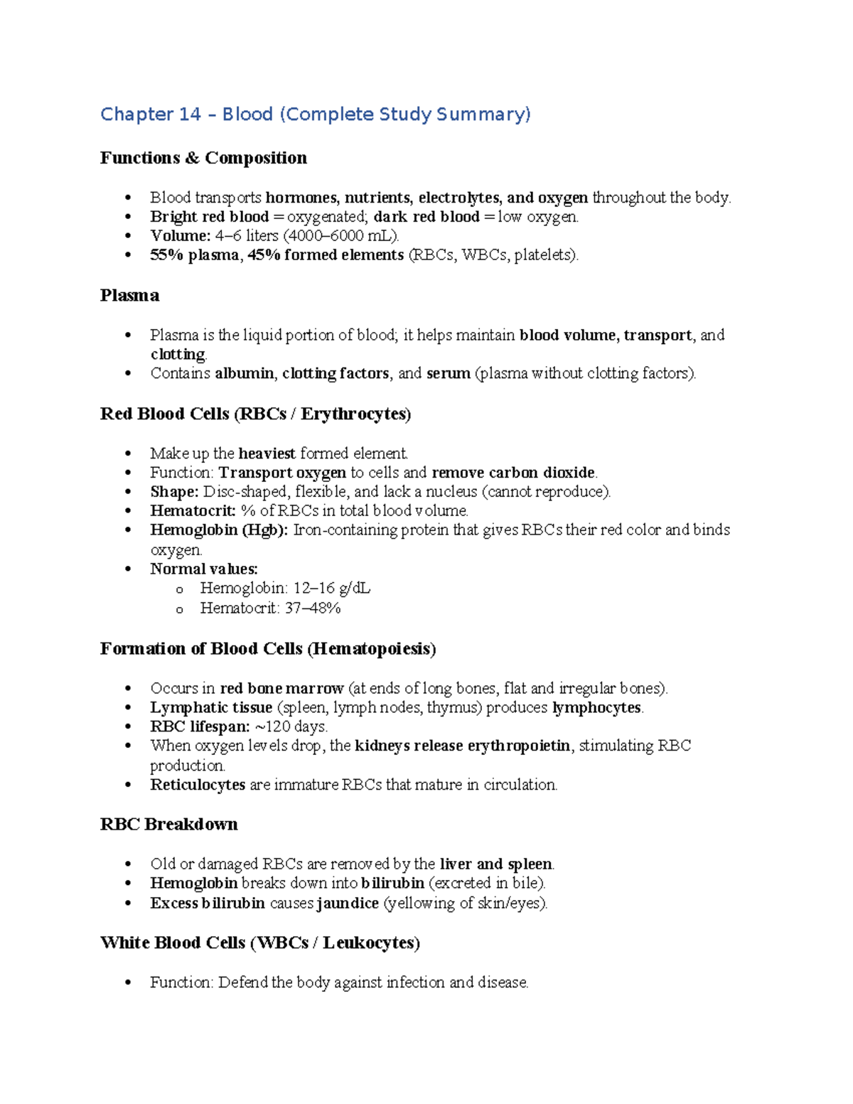 Ch 14 Hematology Study Summary: Blood Functions & Composition - Studocu