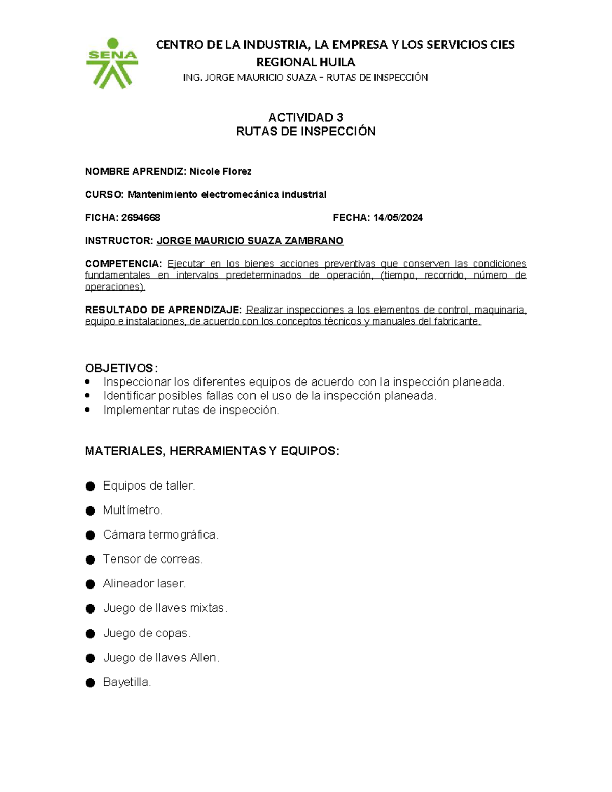 Rutas de Inspección - Actividad 3 - Mantenimiento Electromecánico FICHA ...