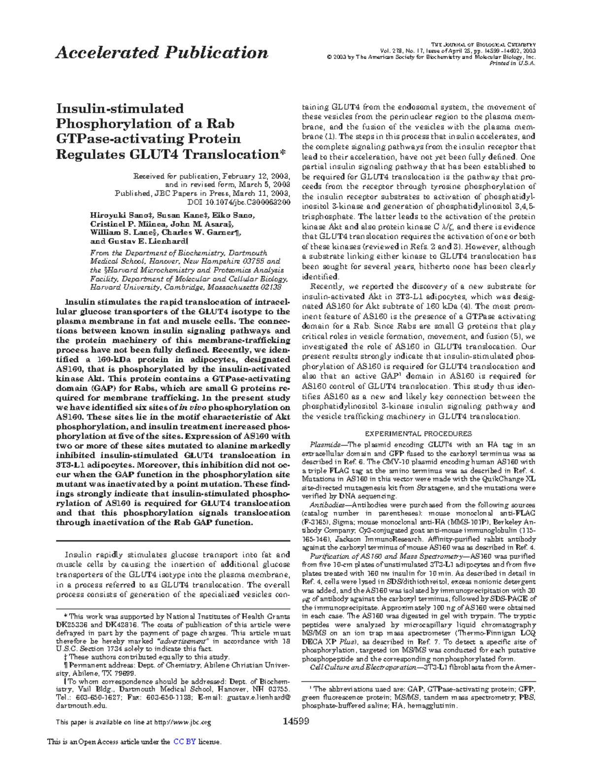 Phosphorylation of AS160 and Its Role in GLUT4 Translocation (BIOC 278 ...