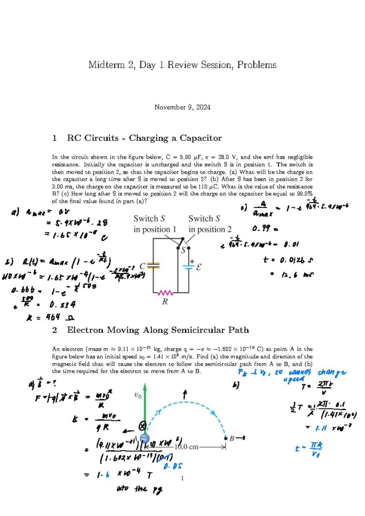 Midterm 2 review worksheet: RC circuits and magnetic fields - Studocu