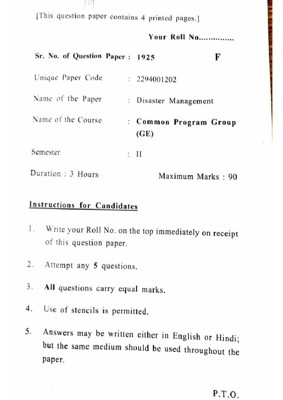 Disaster Management Question Paper - GE II (1925) - 3 Hours, 90 Marks ...