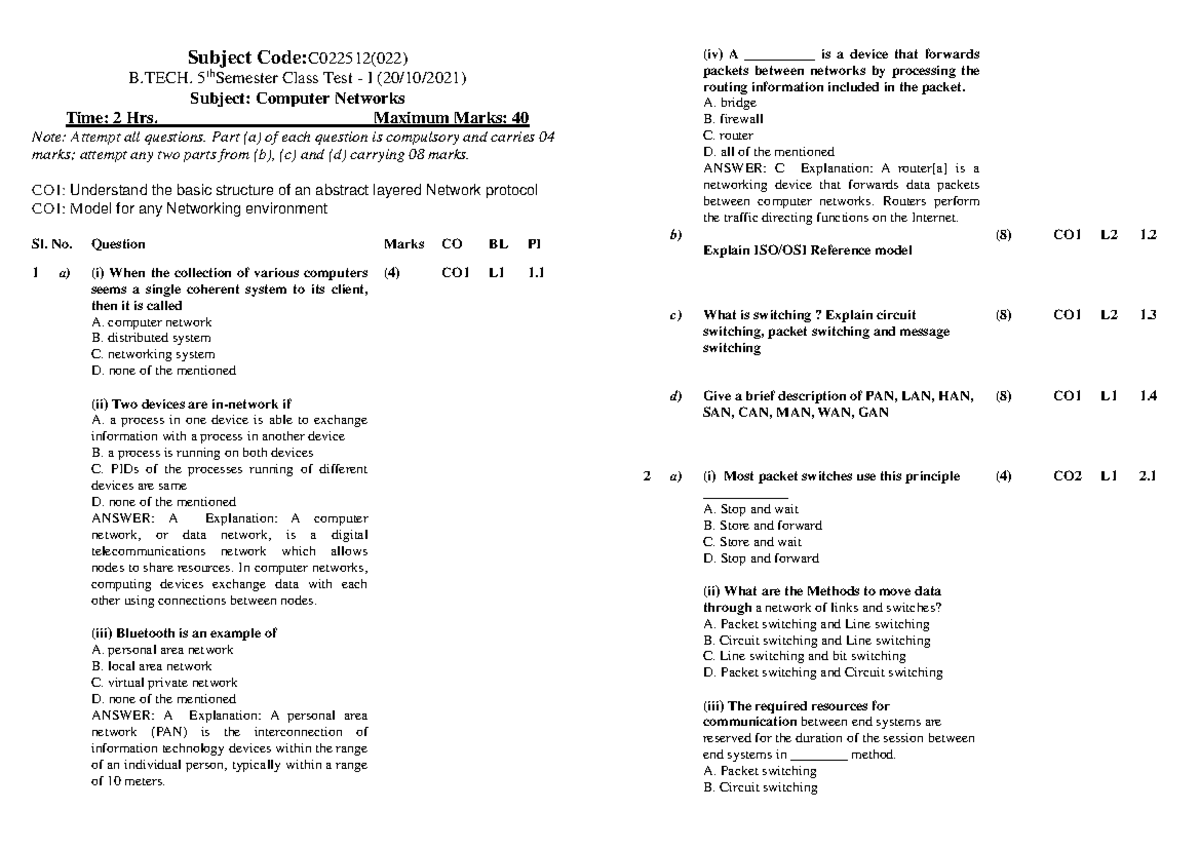C022512 (022) B.TECH 5th Sem: Computer Networks Class Test I - Studocu