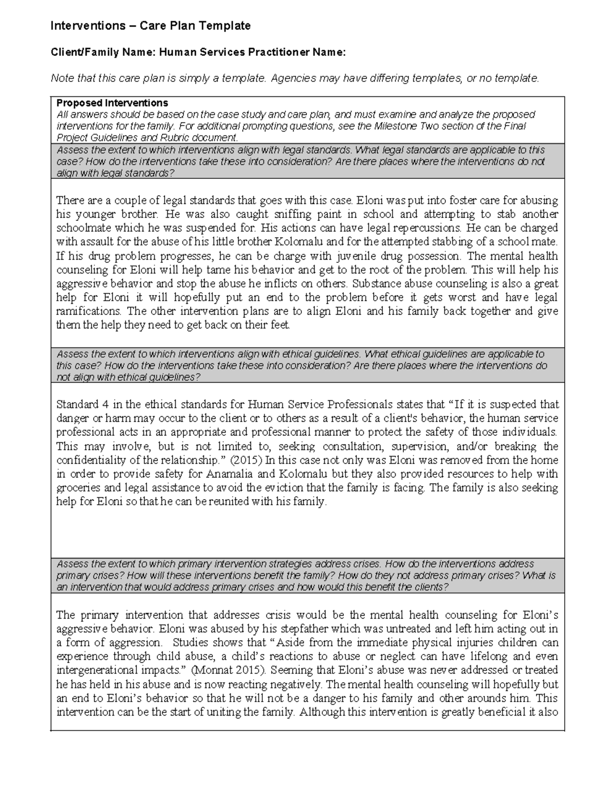 HSE 315 Interventions Care Plan Module 4 Milestone 2 Analysis - Studocu