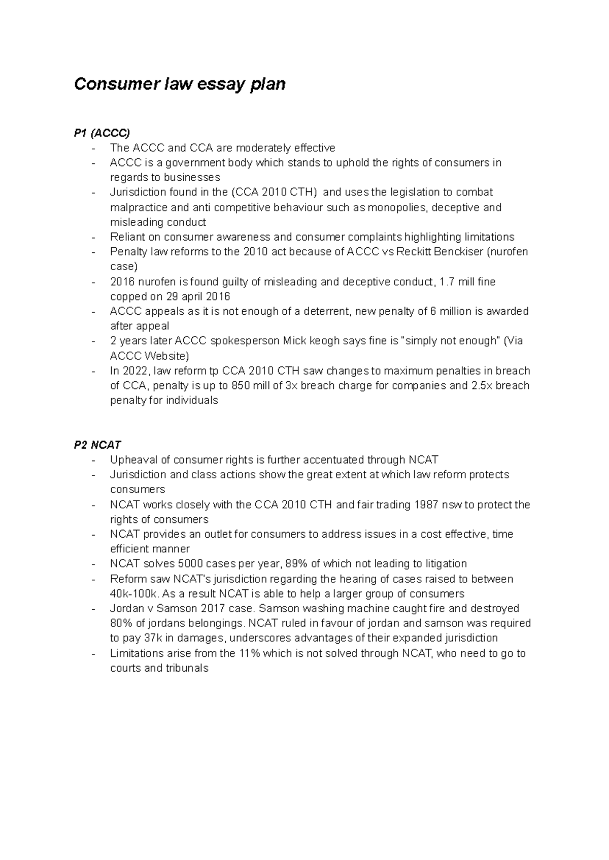 Consumer Law Essay Plan P1: Effectiveness of CCA & NCAT Reforms - Studocu