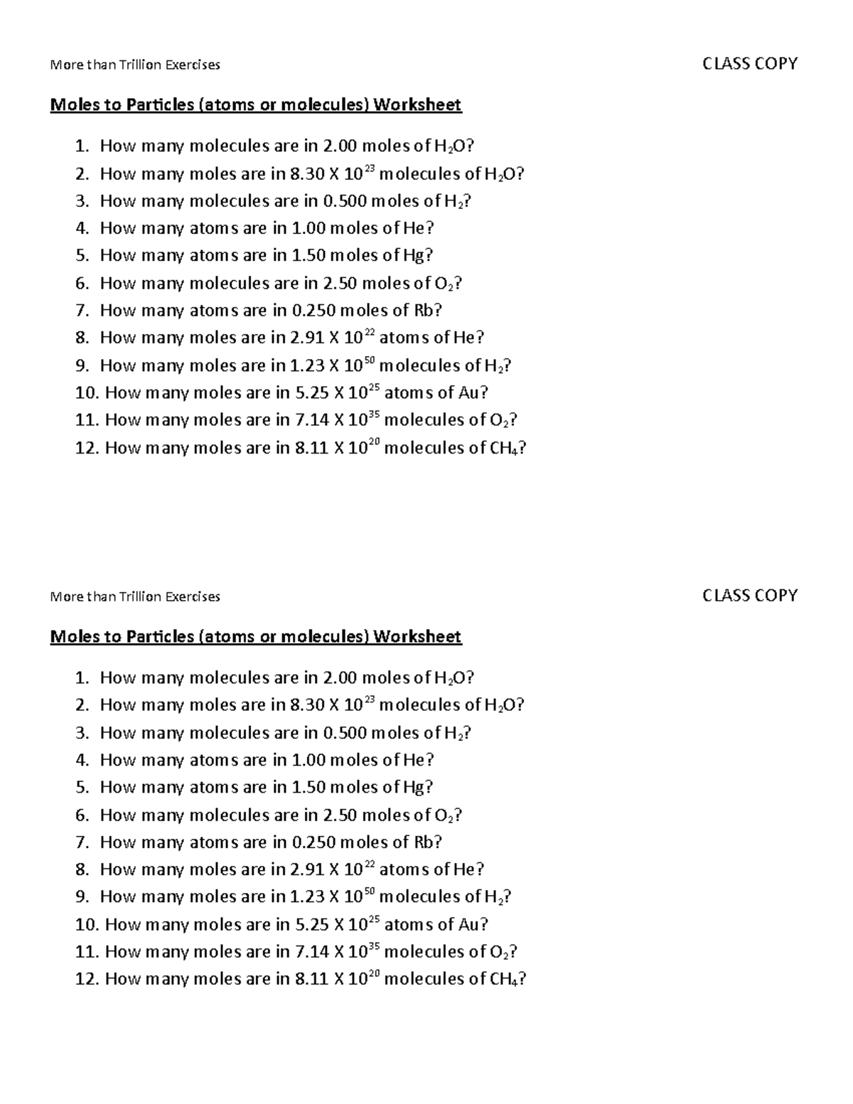 Moles to Particles Worksheet (Atoms & Molecules Exercises) - Studocu