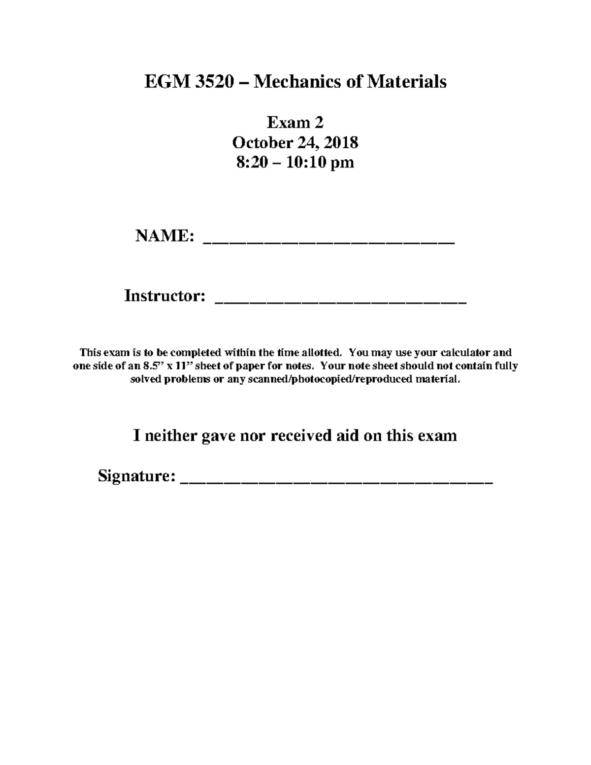 EGM 3520 Mechanics of Materials Exam 2 Practice Questions - Studocu