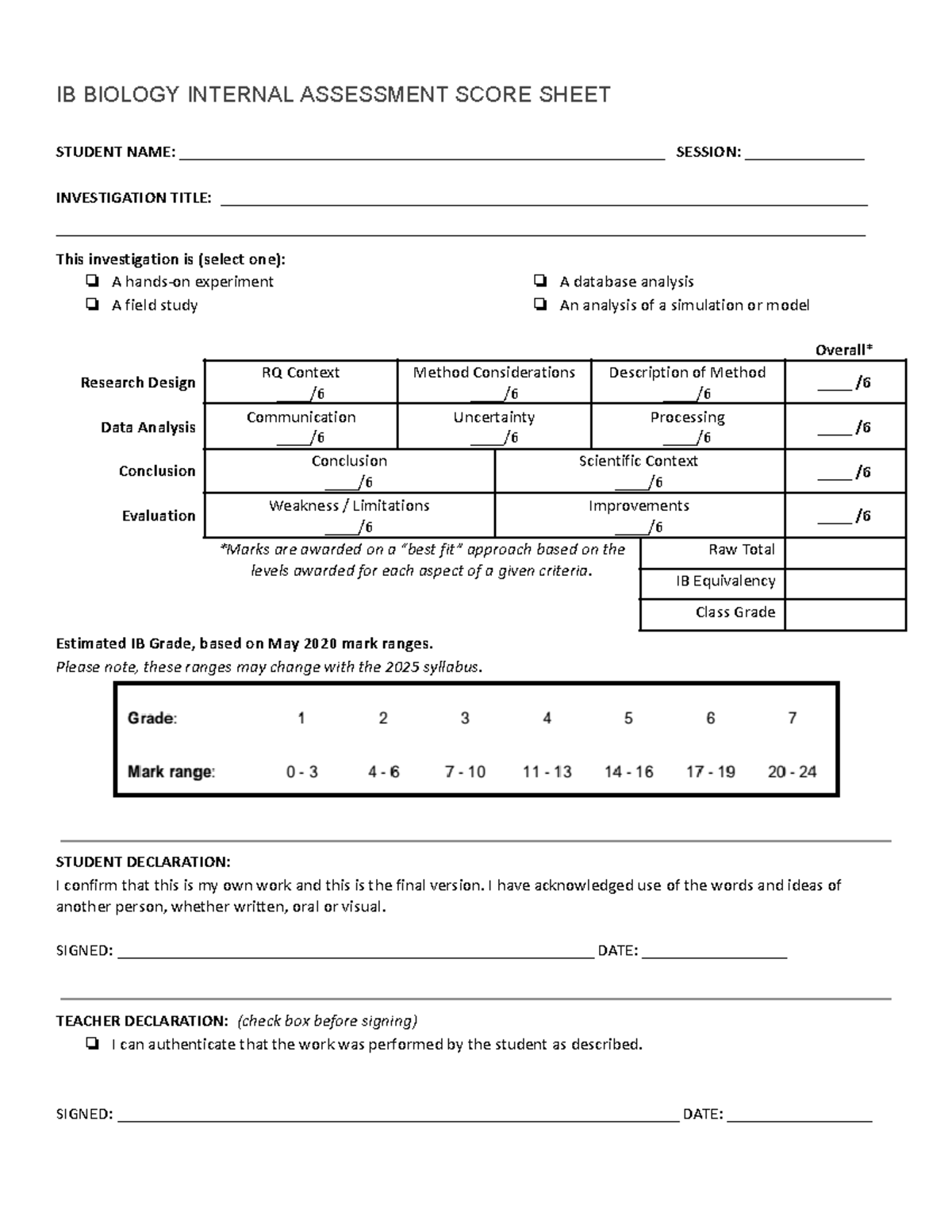 IB BIOLOGY 2025 Internal Assessment Score Sheet Guide - Studocu