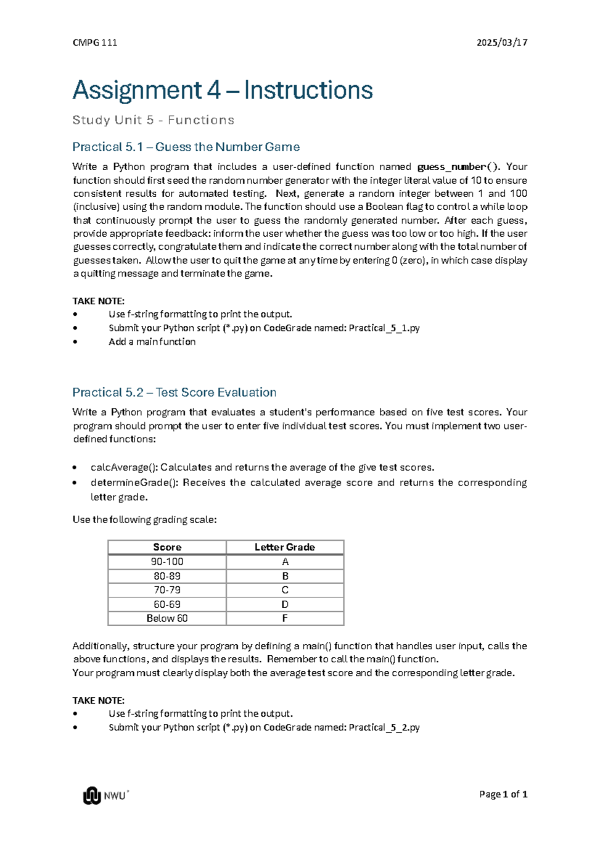 CMPG 111 Practical Assignment 5: Functions and Game Development - Studocu