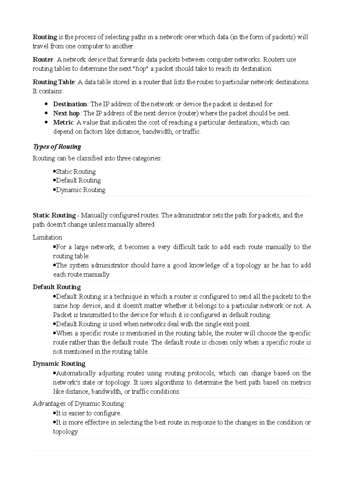 Routing (CS101) - Comprehensive Notes on Path Selection and Types - Studocu